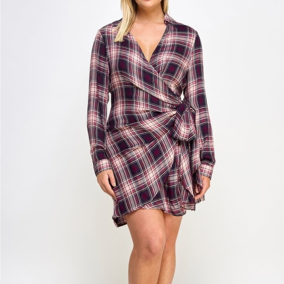 Long Sleeve Plaid Side Tie Dress - Picture 2 of 5